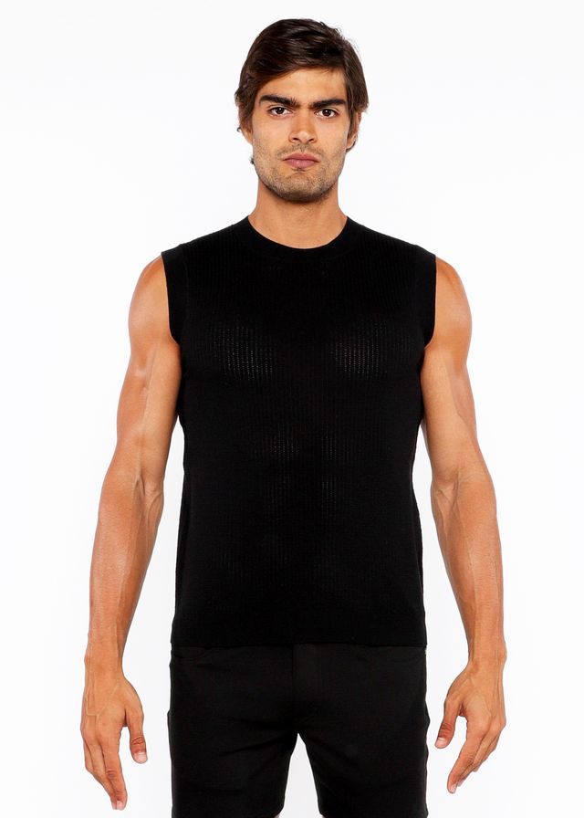 Black sleeveless knit vest with ribbed texture and crew neckline in textured open knit design