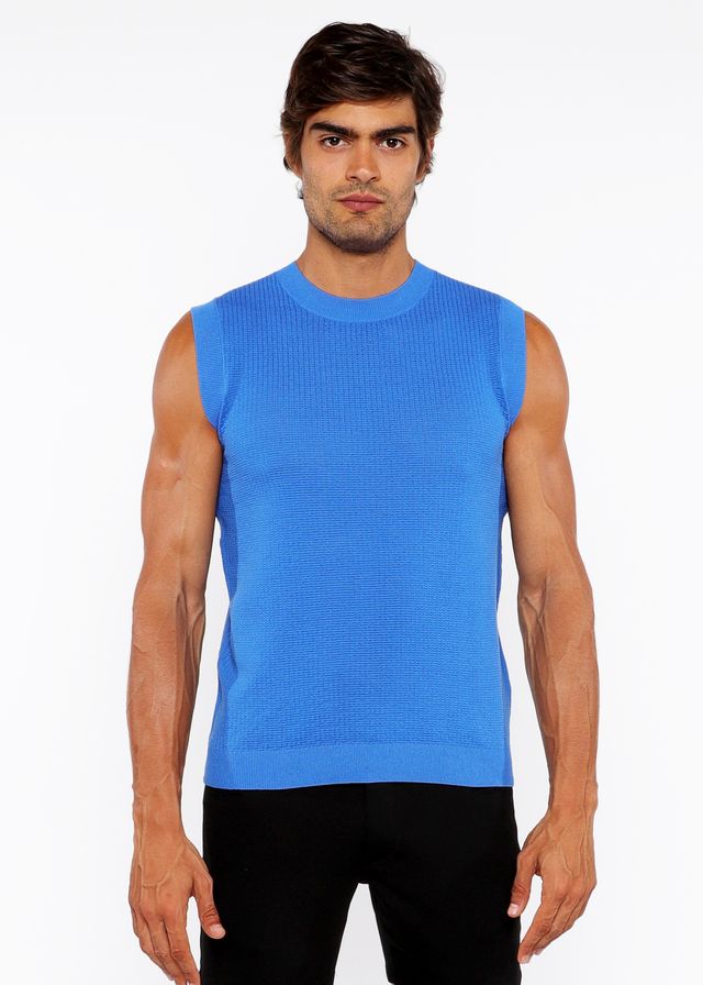 Bright blue ribbed knit sleeveless textured open knit vest ideal for layered styling