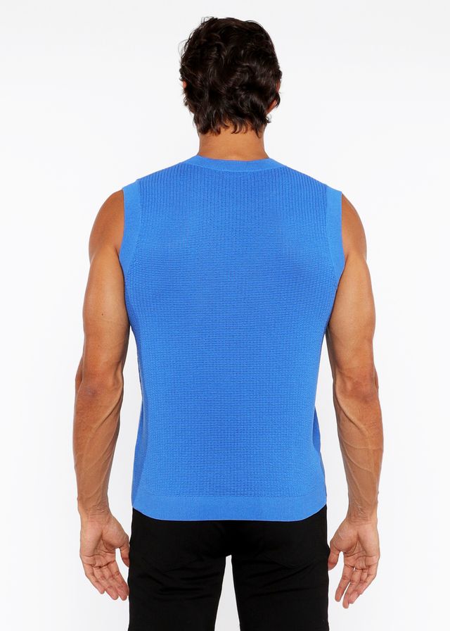 A vibrant blue textured open knit vest with ribbed knit sleeveless design and crew neckline