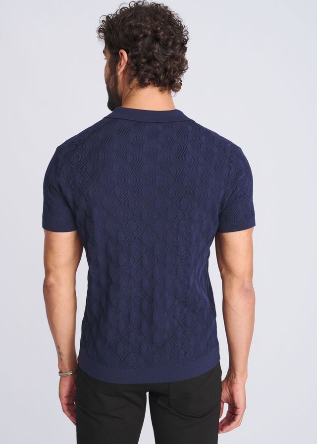 Navy blue cable-knit polo shirt made of silk and tencel featuring textured stripes for a stylish look