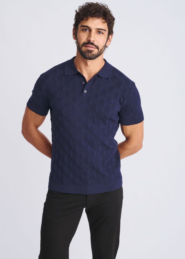 Navy blue textured stripes silk tencel polo shirt featuring a knit fabric ideal for casual and smart occasions