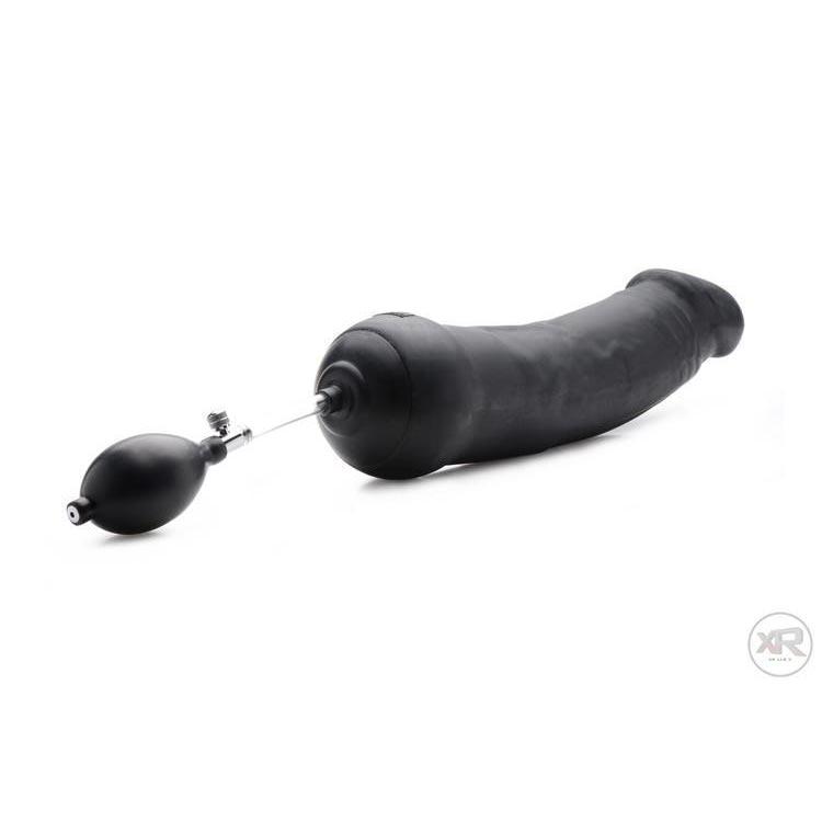 Black Tom of Finland Toms inflatable silicone dildo with a hand-pump inflation bulb on a white background.