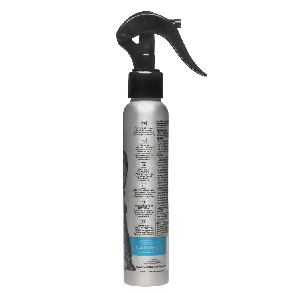Tom of Finland Deep Throat Spray in a silver bottle with a black trigger sprayer, set against a white background.