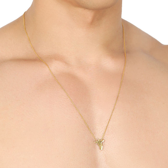 Gold-toned male cross necklace with delicate chain and small intricate bull’s head pendant for men’s fashion jewelry
