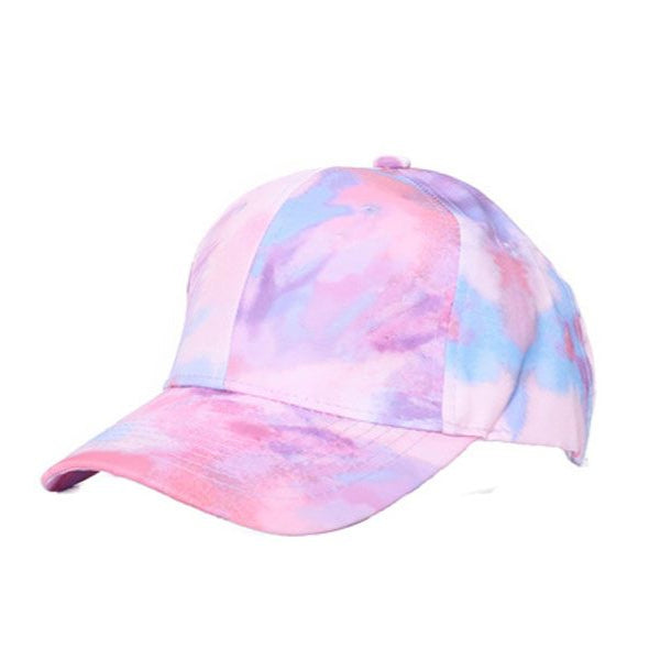 Pastel tie-dye cap with soft pink lavender and light blue swirls perfect for casual baseball wear