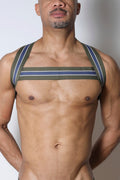 Tight end elastic harness suspenders in olive green and navy blue stripes with white trim made of elastic material