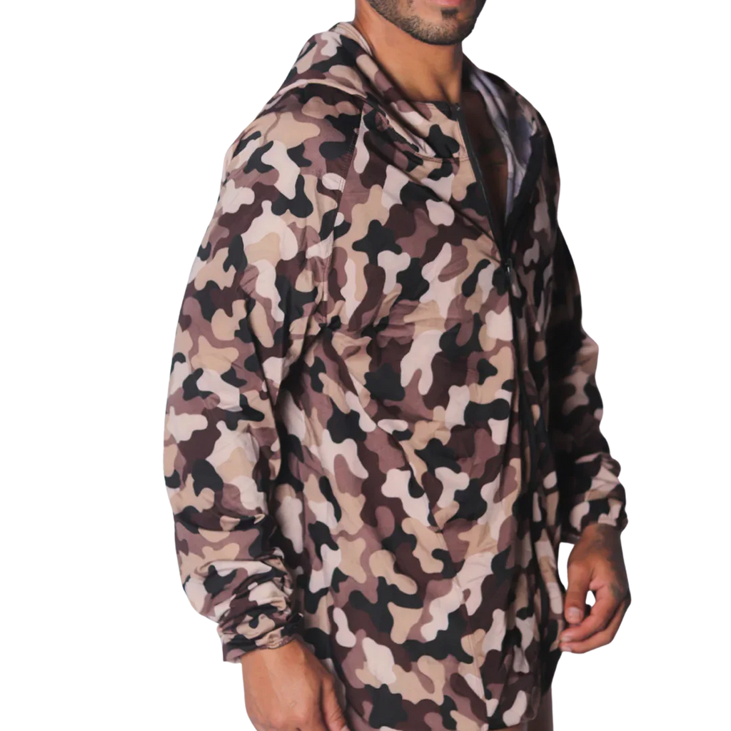 Gigo Trend Jacket in beige and brown camouflage print, featuring a lightweight windbreaker style with a hood and zip.
