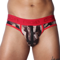 Camo print jockstrap with a front vertical zipper, red trim, and a branded red elastic waistband.