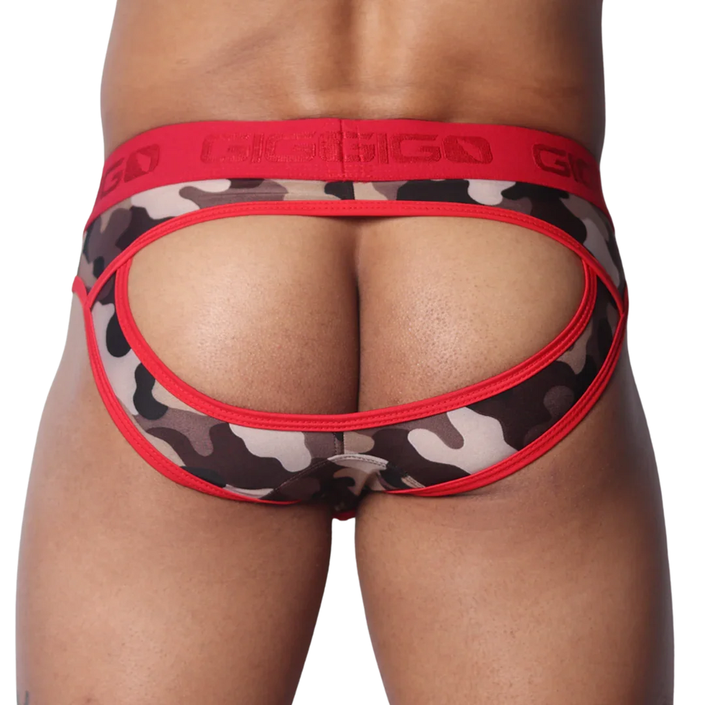 Red camouflage open-back jockstrap with a wide red waistband featuring embossed Gigo logos and red trim piping.