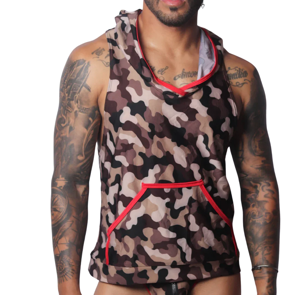 Brown camouflage sleeveless hooded T-shirt featuring a kangaroo pocket with vibrant red trim.