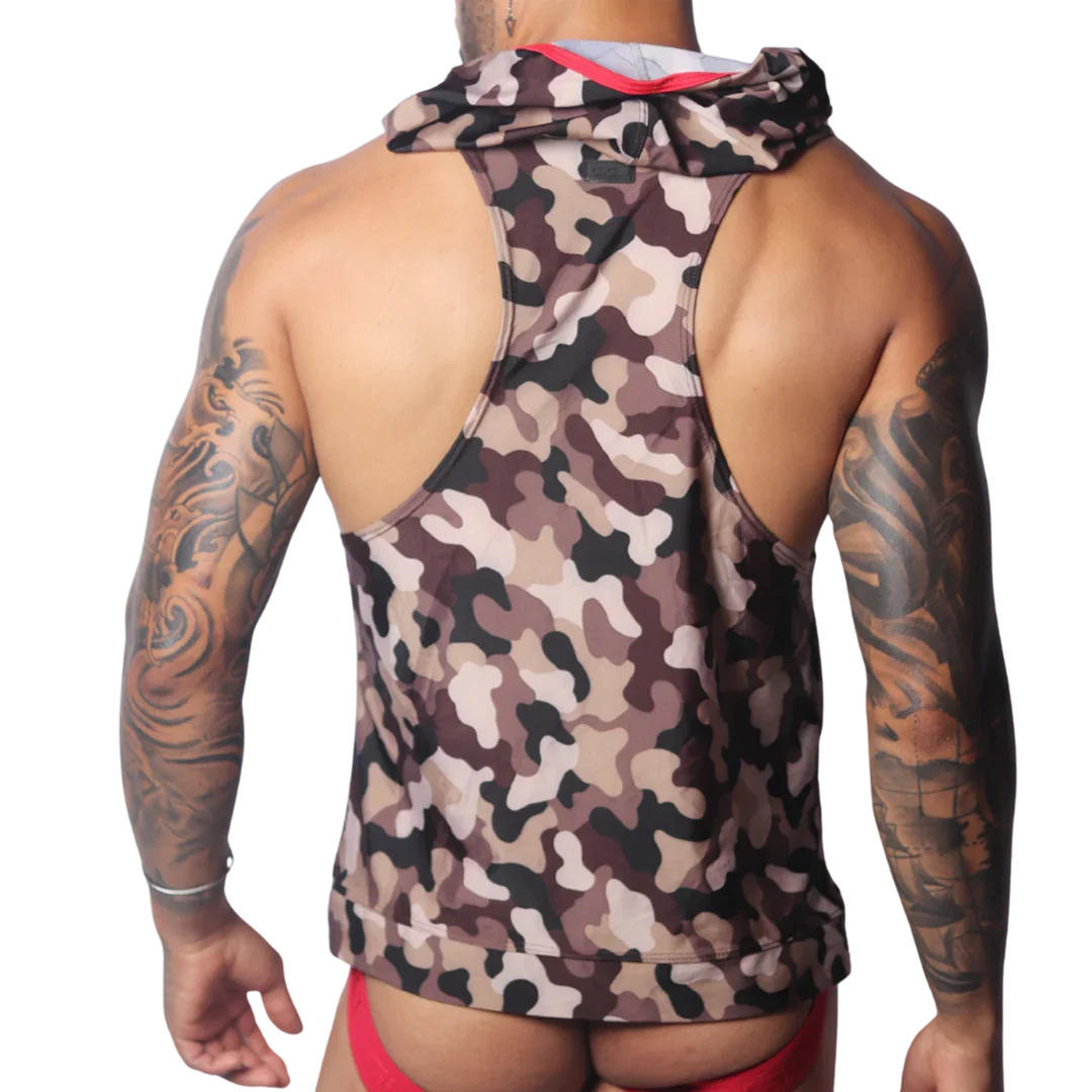 Brown camouflage sleeveless hooded tank top with a red inner collar trim and Y-back design.