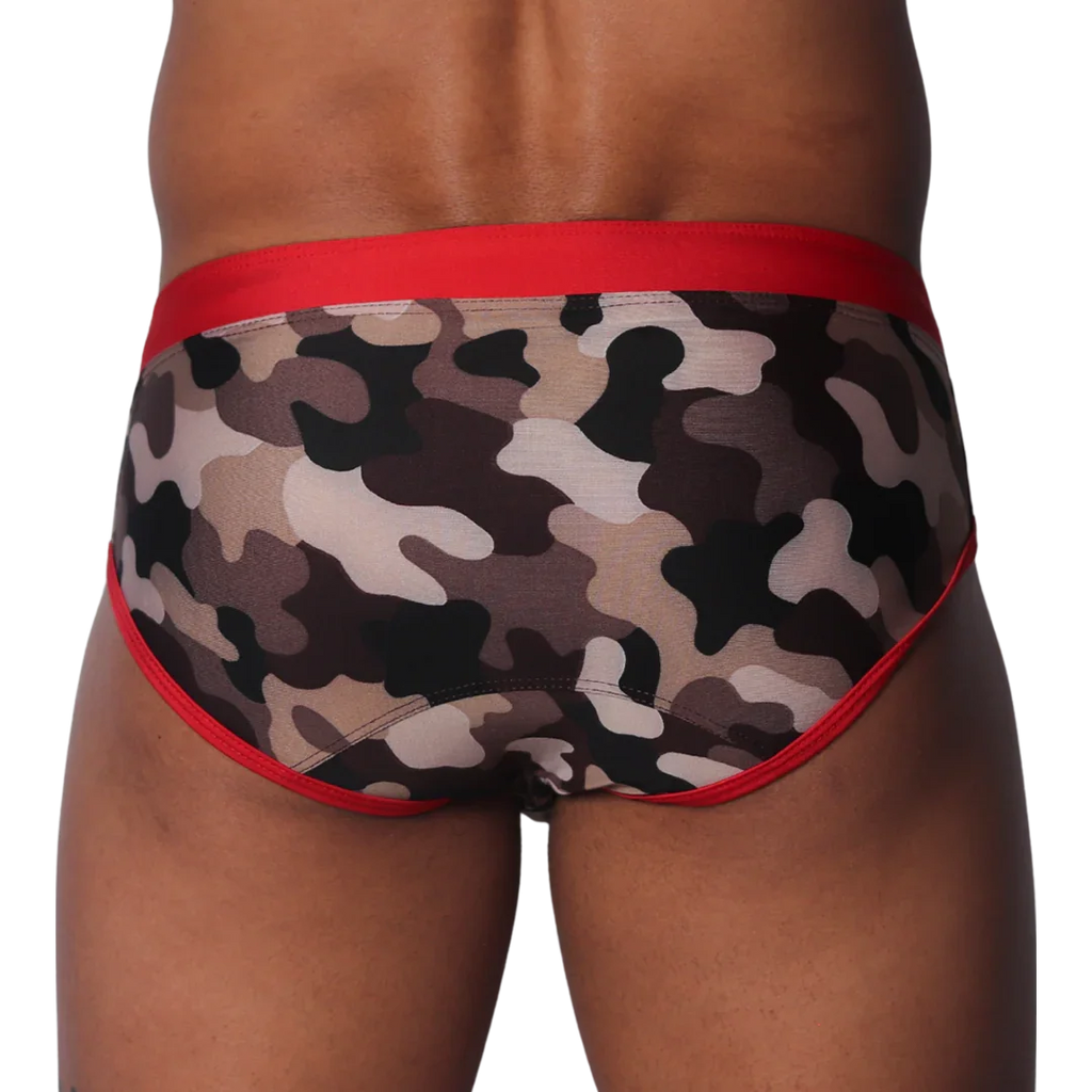 Gigo Trend swim brief in camo print with red trim at the waistband and leg openings.