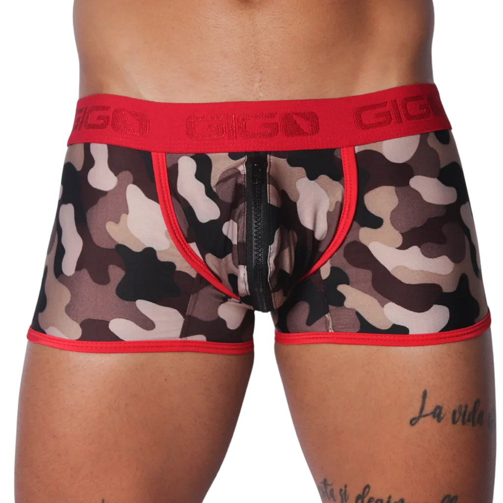 Camouflage print trunk with red trim, logo waistband, and a center-front zipper closure.
