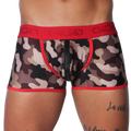 Camouflage print trunk with red trim, logo waistband, and a center-front zipper closure.