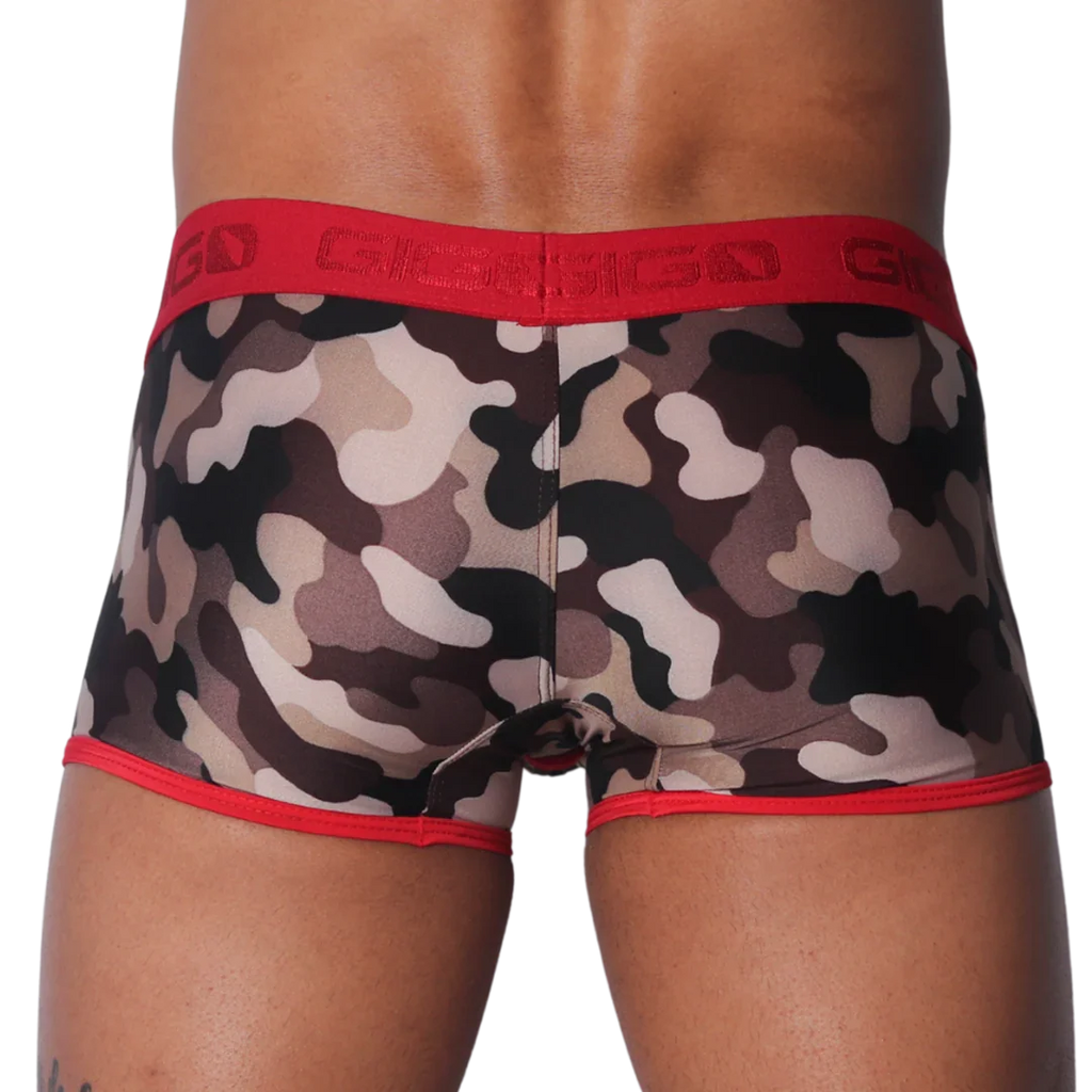 Men's camo-print trunk underwear with a red elastic waistband and red leg trim.