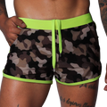 Short camouflage swim trunks with neon yellow elastic waistband, matching drawstring, and neon yellow piped trim.