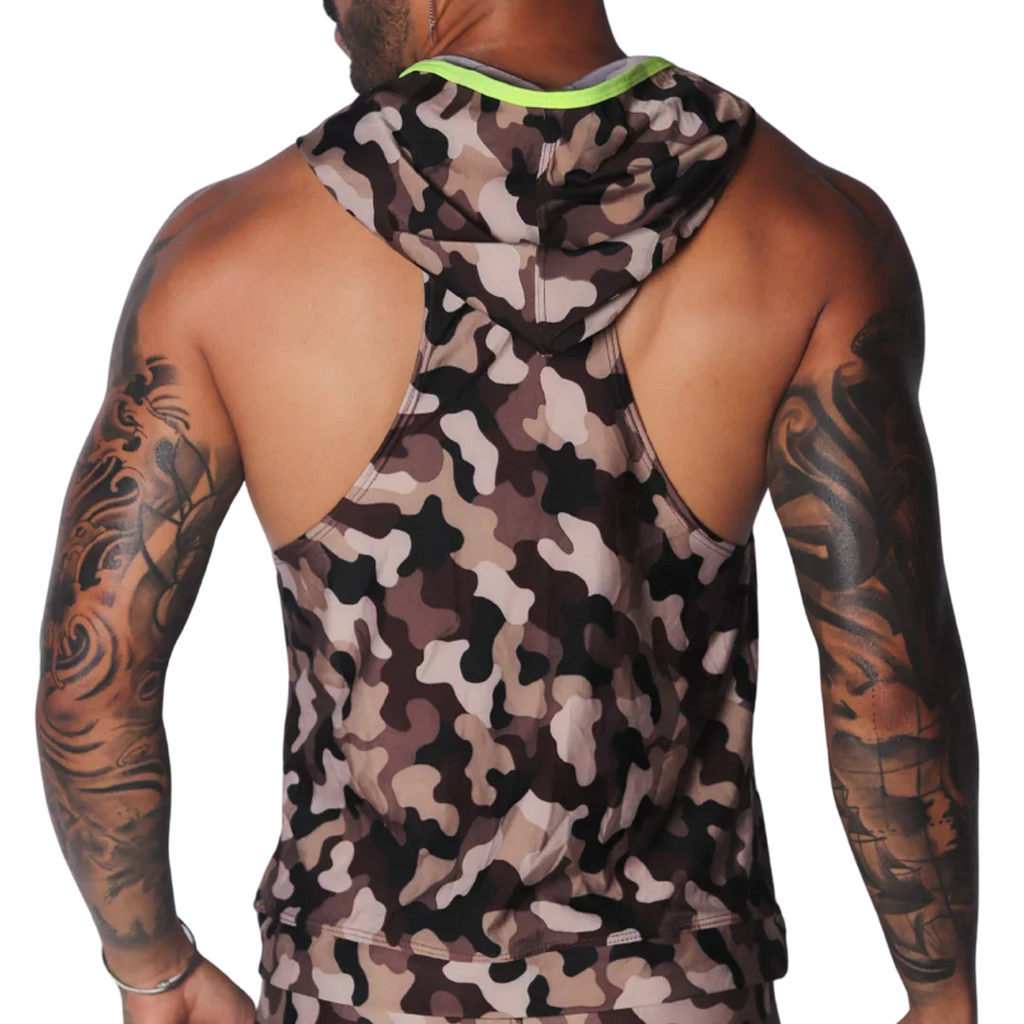 Sleeveless camouflage print hooded gym tank top with neon yellow trim detailing.
