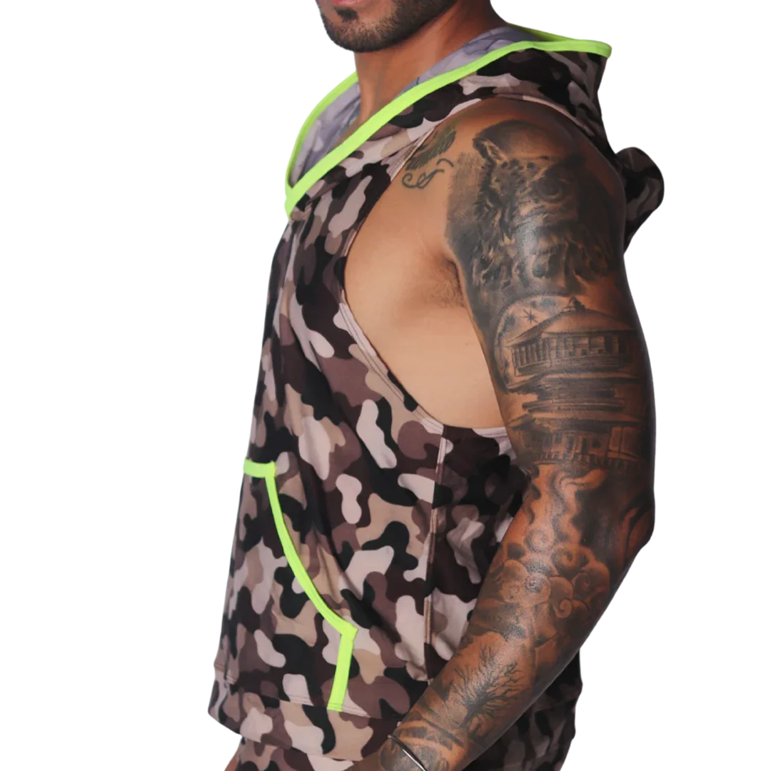 Sleeveless camouflage hoodie in brown and grey with bright neon yellow trim and hood lining.