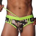 Neon yellow and camouflage print swim brief with a wide elastic waistband, drawstring, and side-paneled cutout design.