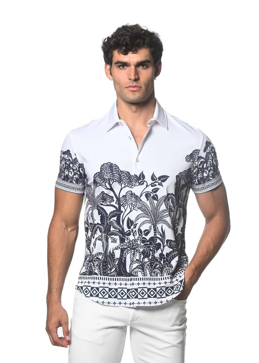 TROPICAL BORDER PRINT STRETCH KNIT SHIRT - DealByEthan.gay loves ST33LE