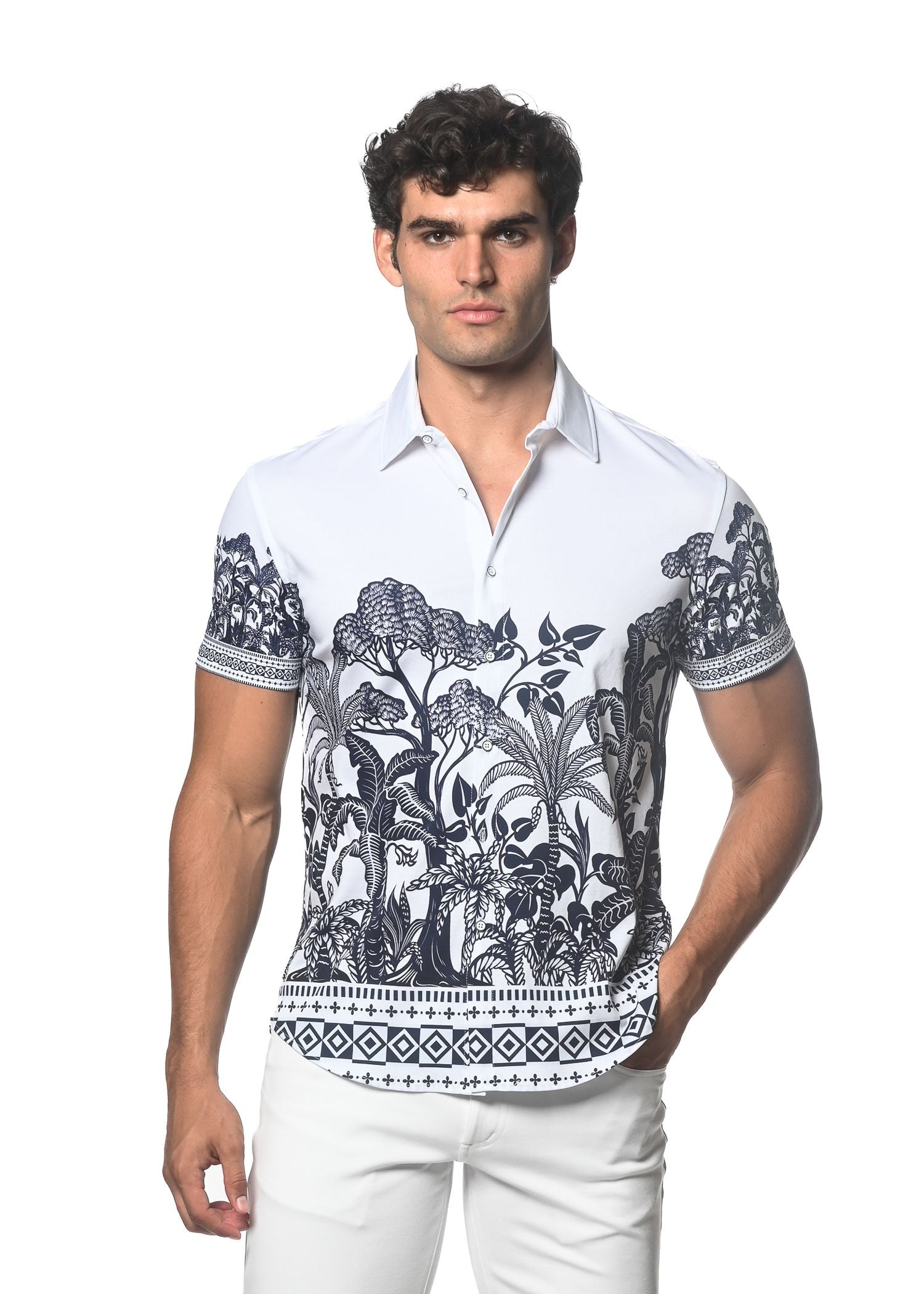 TROPICAL BORDER PRINT STRETCH KNIT SHIRT - DealByEthan.gay loves ST33LE