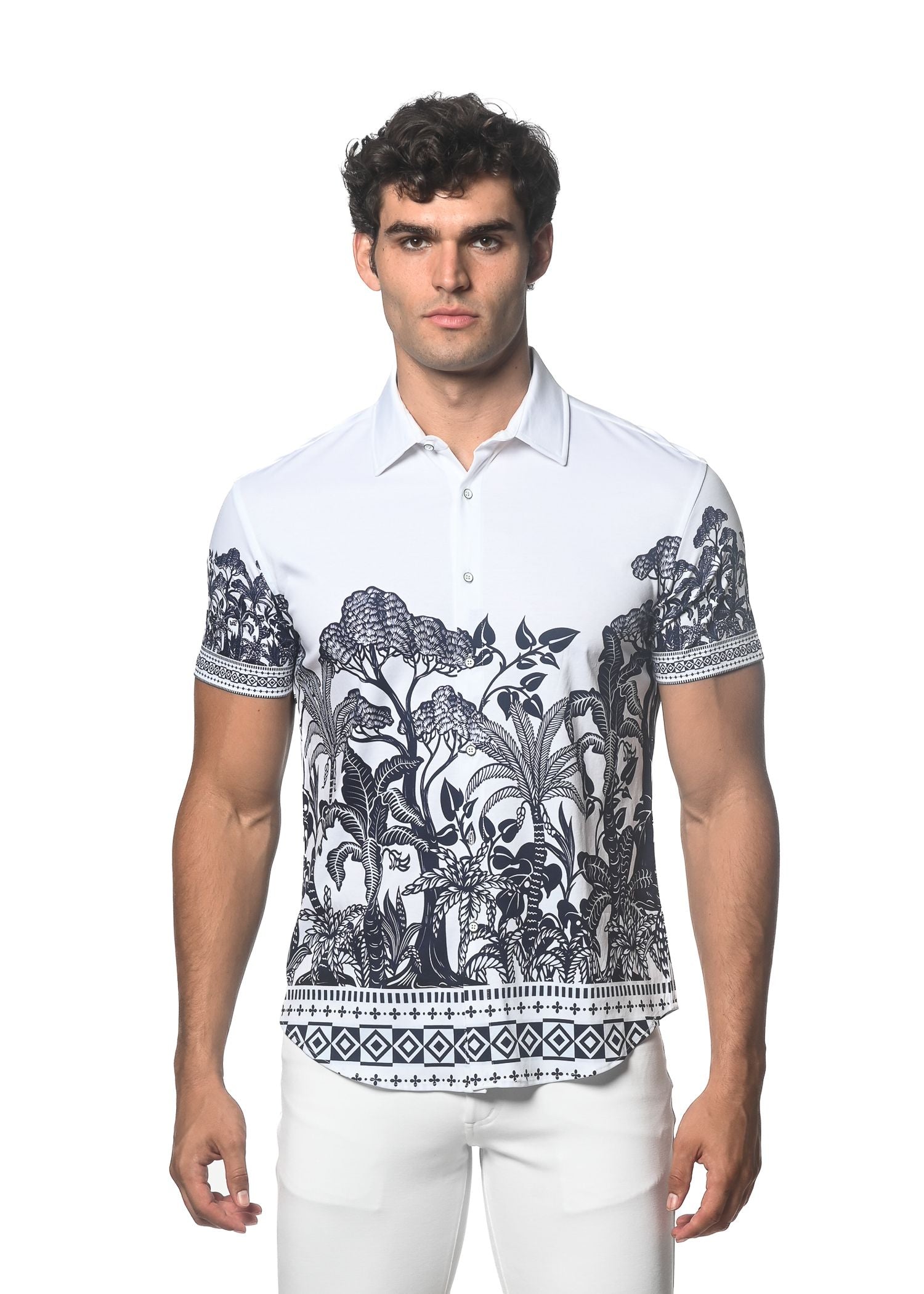 TROPICAL BORDER PRINT STRETCH KNIT SHIRT - DealByEthan.gay loves ST33LE