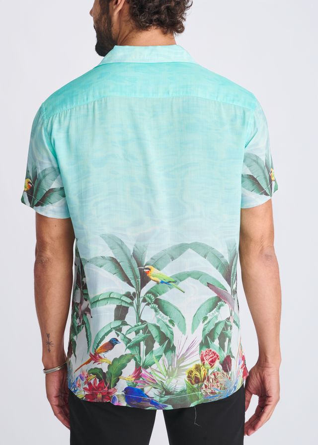 Tropics border print short-sleeved modal shirt in mint green with colorful birds and foliage featuring a relaxed fit