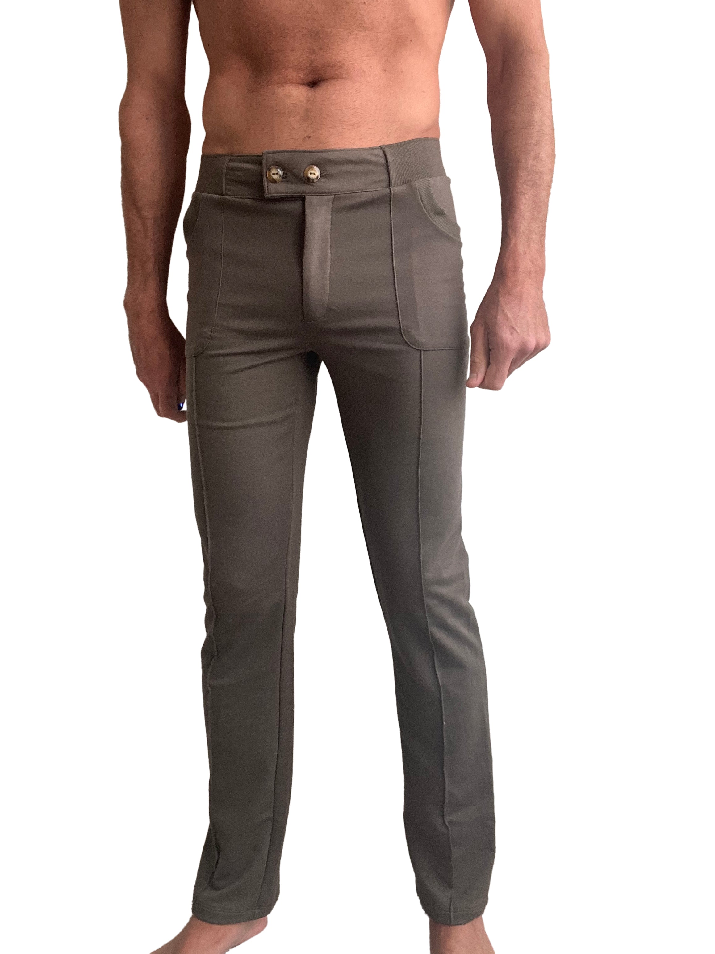 A pair of olive green tactical urban slim fit dress pants with structured waistband and gold toned buttons