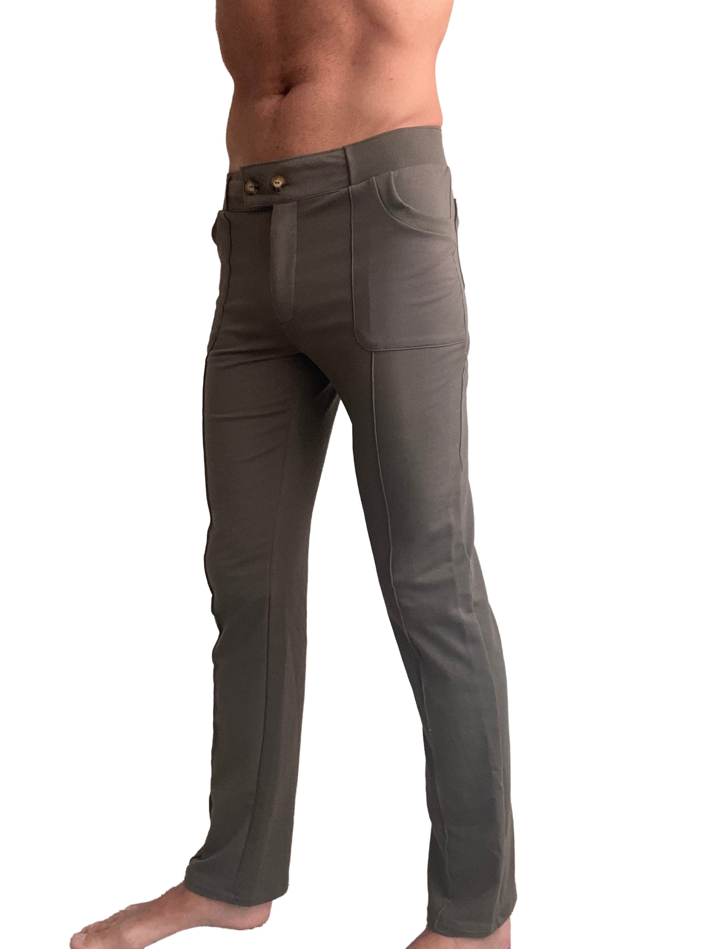 Dark olive green tactical urban at home dress cargo pants with multiple pockets and button closure for versatile use