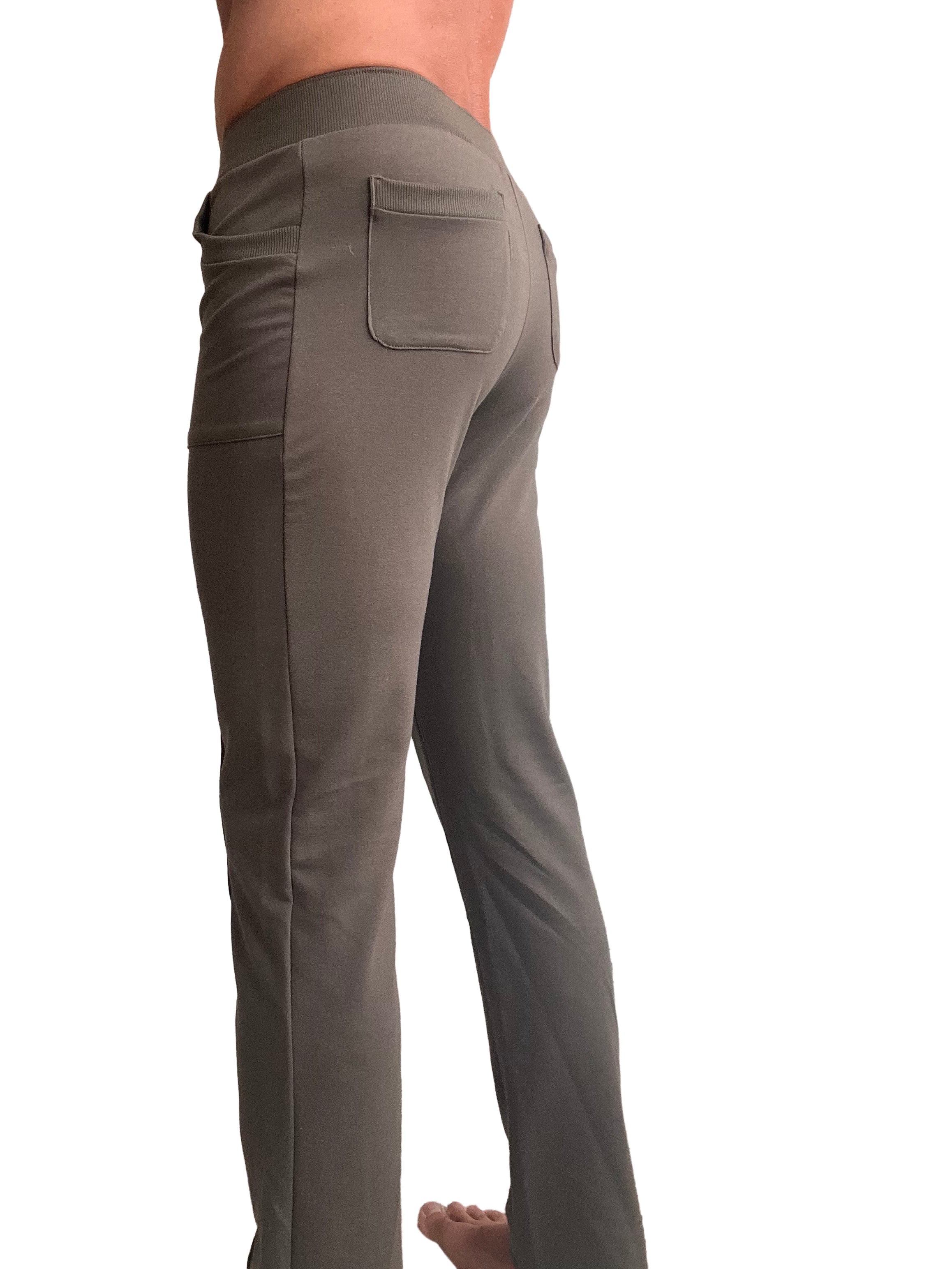 Olive green tactical urban at home stretch fabric pants with ribbed waistband and two side pockets for yoga and daily wear