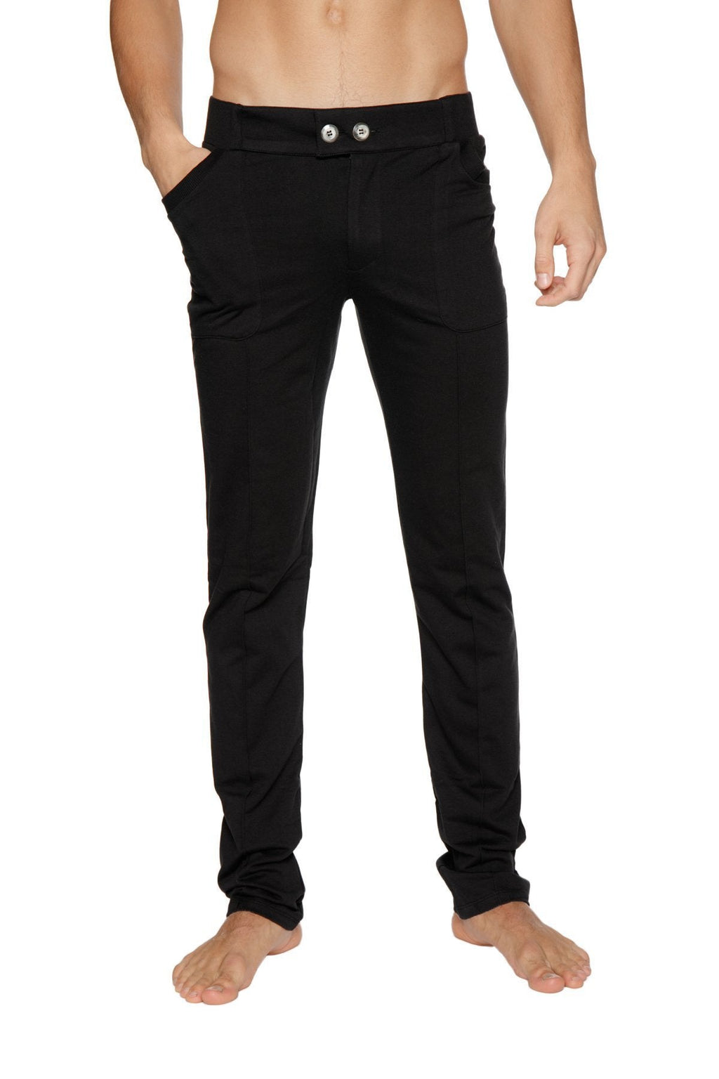 Black tactical urban at home dress yoga pants with slim fit and silver button closures at the waist