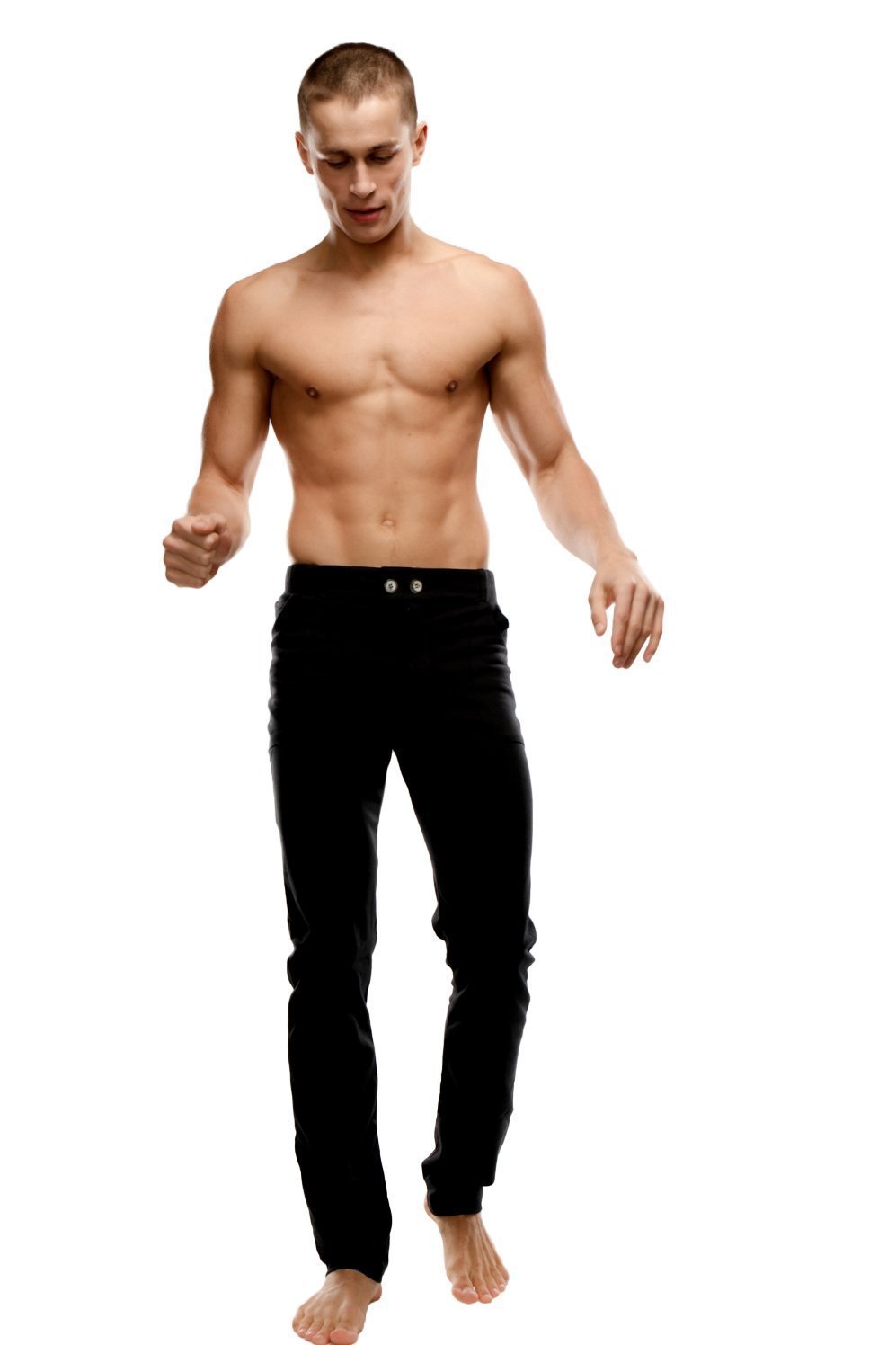Black slim-fit tactical urban at home dress pant yoga pant with classic five-pocket design and silver button closure