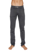 Dark gray tactical urban at home slim-fit yoga pants with soft stretchy fabric and silver buttons at the waistband