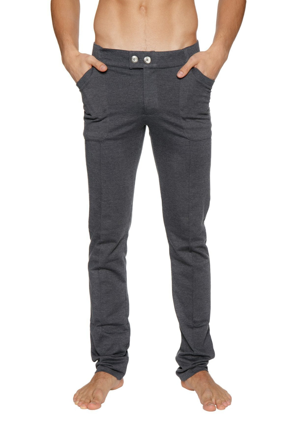 Dark gray slim-fit tactical urban at home dress pant yoga pant with soft fabric and two white buttons at waistband