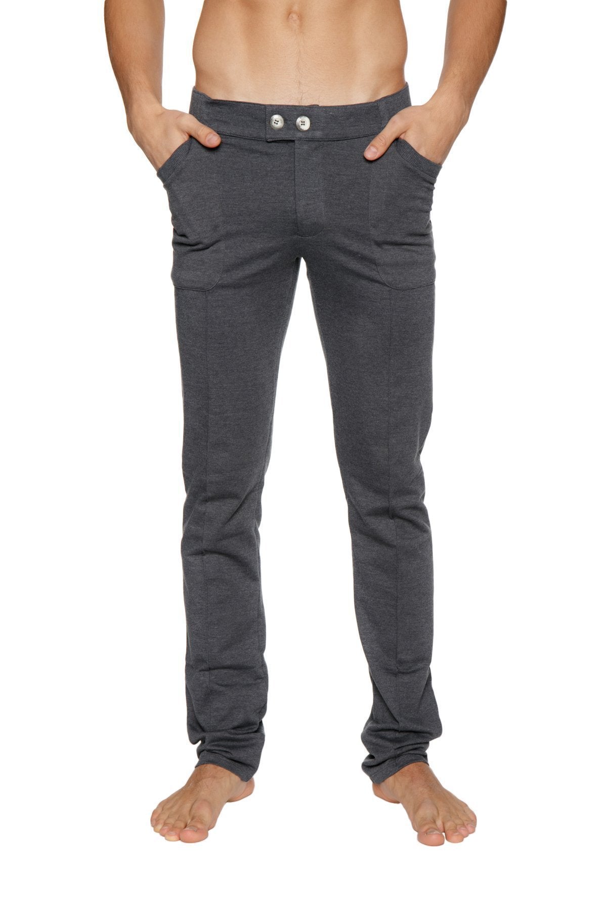Dark gray slim-fit tactical urban at home dress pant yoga pant with soft fabric and two white buttons at waistband