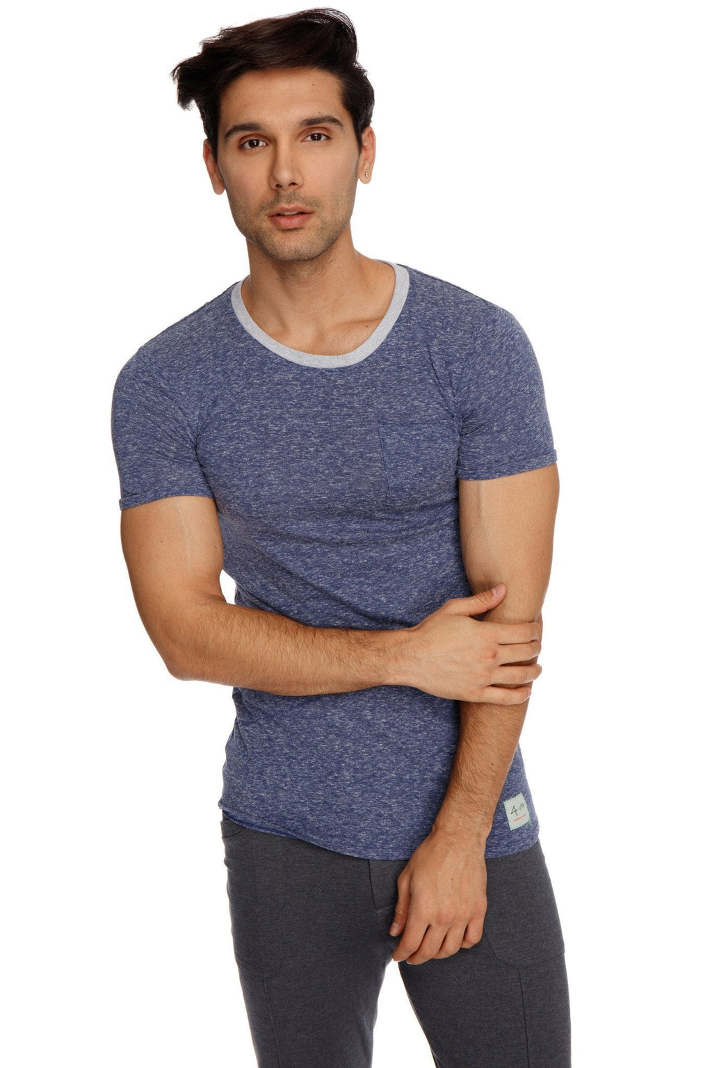 Blue heathered short sleeve t-shirt with light gray ribbed crew neck paired with charcoal tactical urban yoga pants