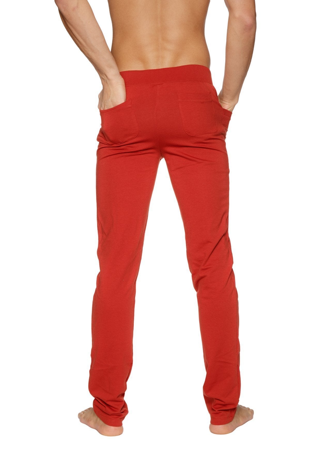Back view of cinnabar red slim fit tactical urban at home dress pant yoga pant with soft stretchy fabric and two pockets