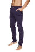 Navy blue stretchy tactical urban at home dress pant yoga pants with white button closures at the waistband