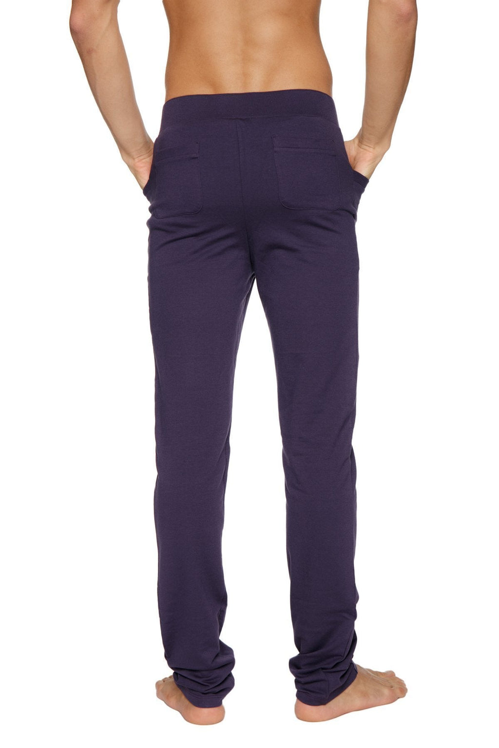 Back view of navy blue tactical urban at home dress pant yoga pant with stretchy fabric elastic waistband and two pockets