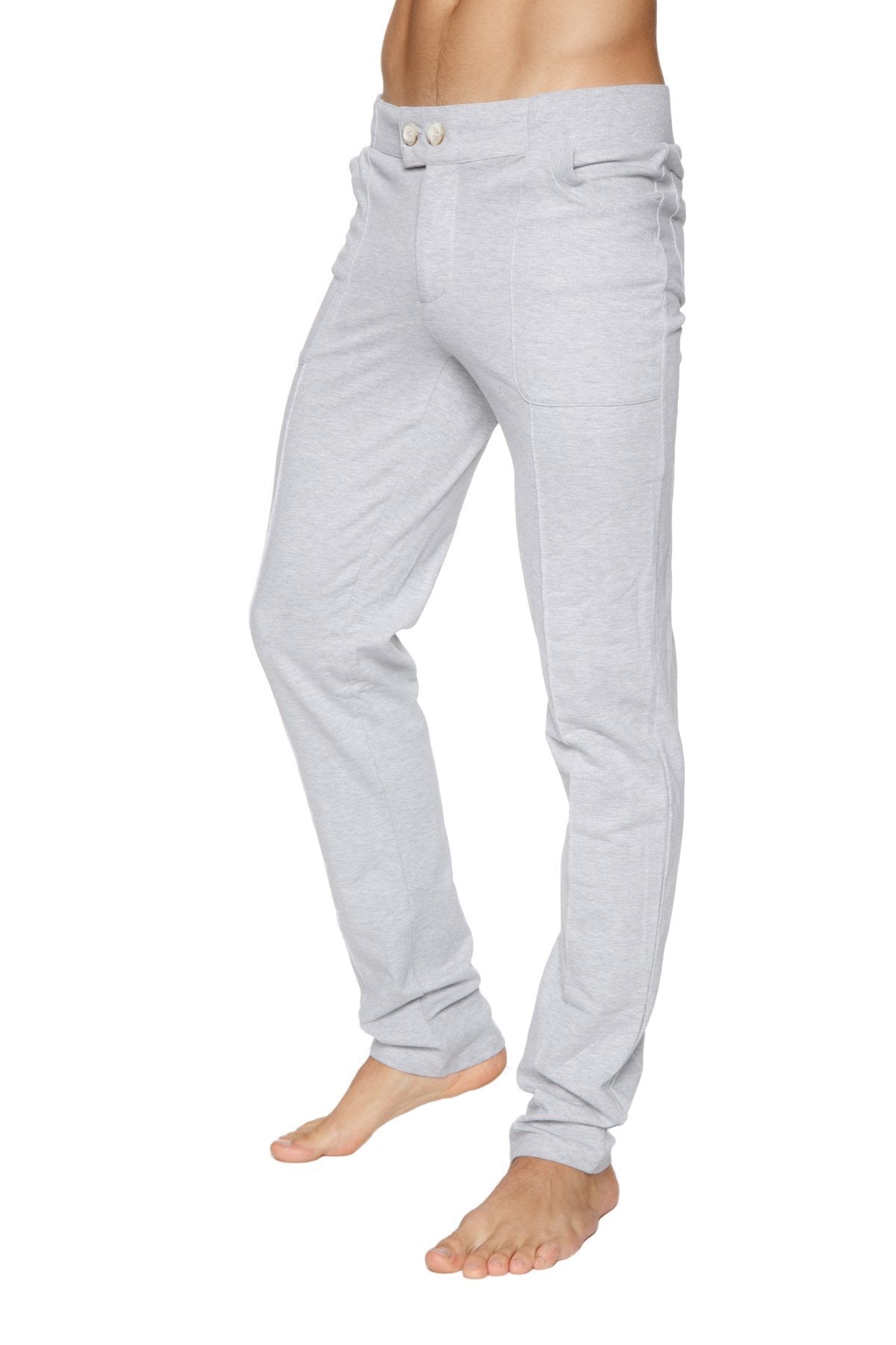 Light gray slim-fit cotton tactical urban at home dress pant with modern design and two-button fly in heather grey