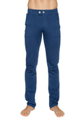 Deep blue slim-fit tactical urban at home dress pant yoga pant with silver toned buttons at the waistband