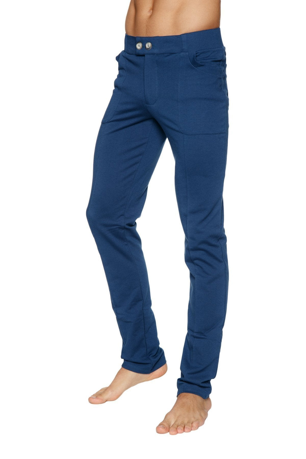Dark blue slim-fit tactical urban at home dress pant yoga pant with two silver buttons at the waistband