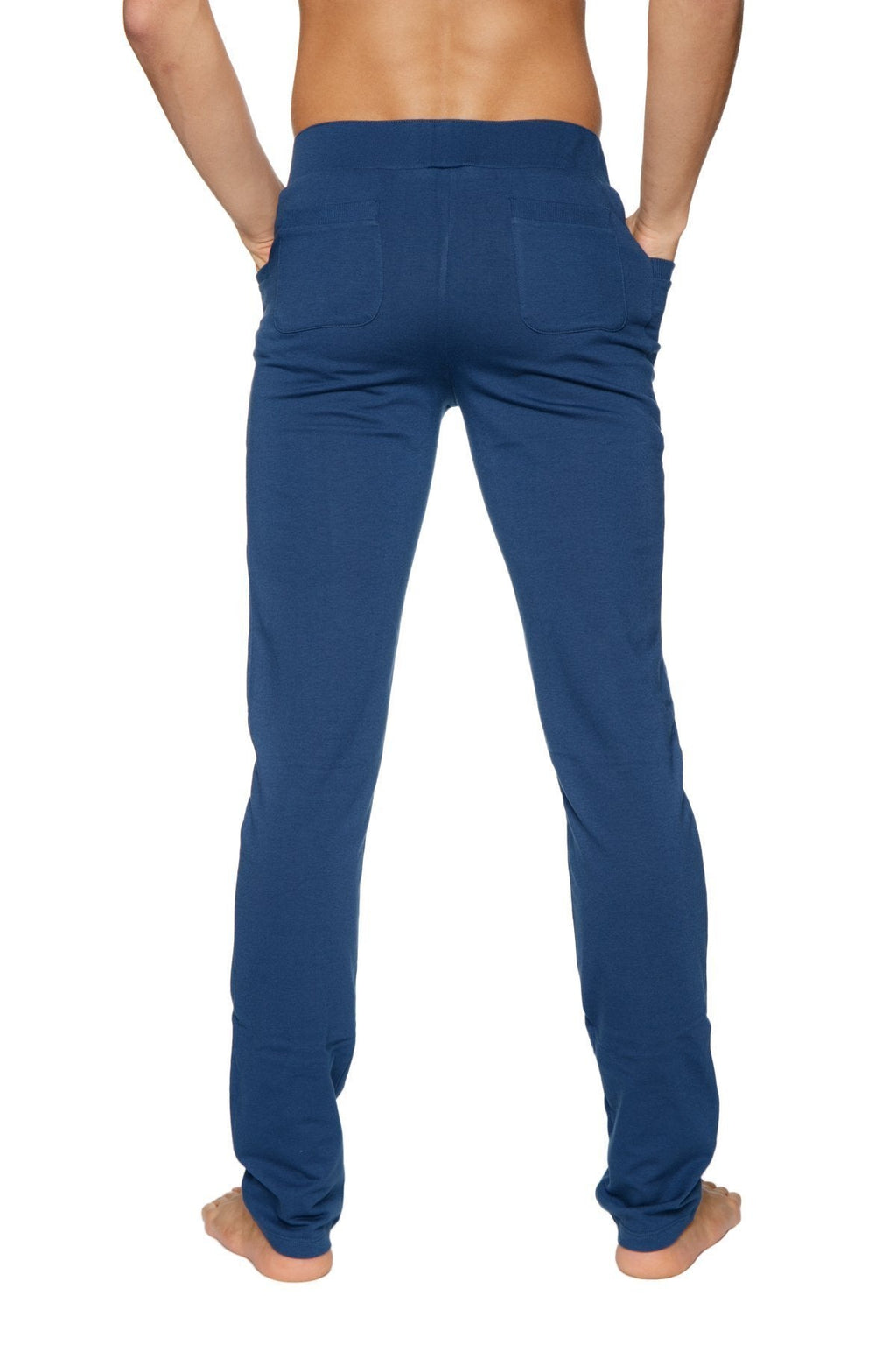 Back side of navy blue stretchy tactical urban at home dress pant yoga pant with two back pockets