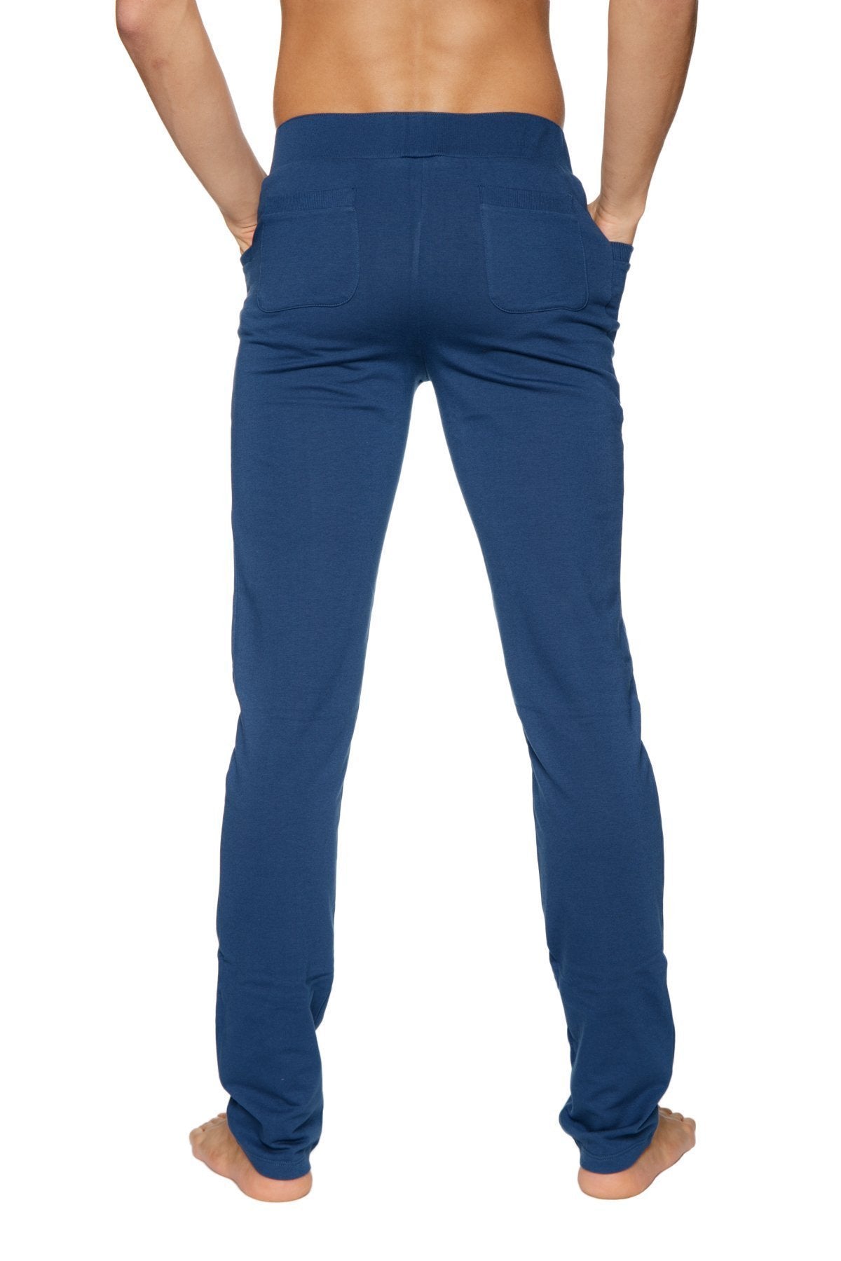 Back side of navy blue stretchy tactical urban at home dress pant yoga pant with two back pockets