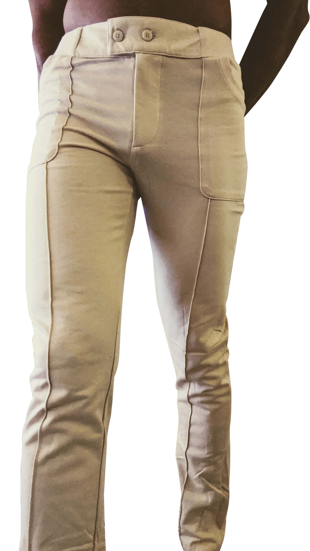 Khaki-colored slim-fit tactical urban at home dress pant yoga pant with buttoned waistband and visible stitching details