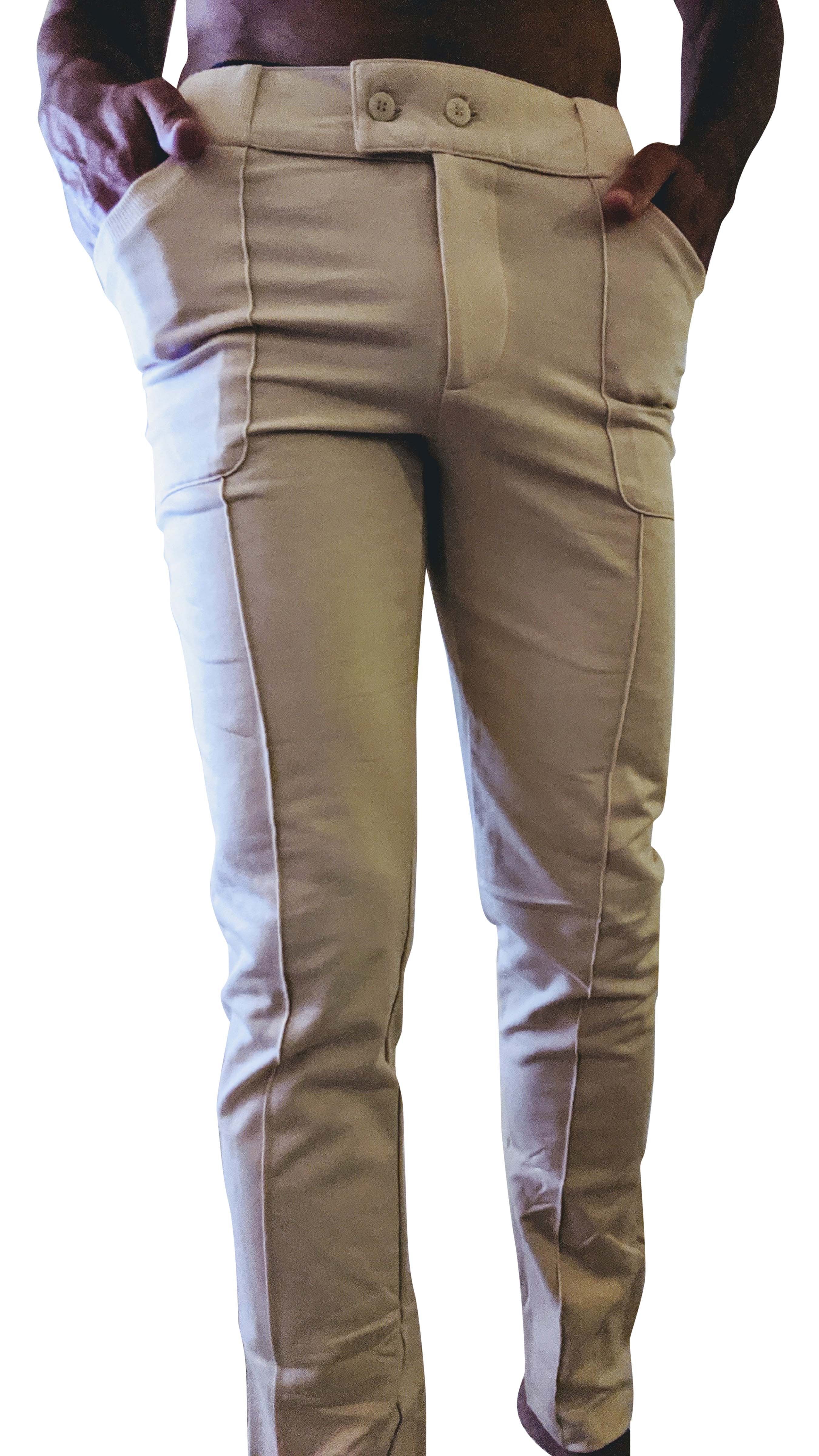 Beige chino tactical urban dress pant with buttoned waistband and side pockets designed for yoga and home use