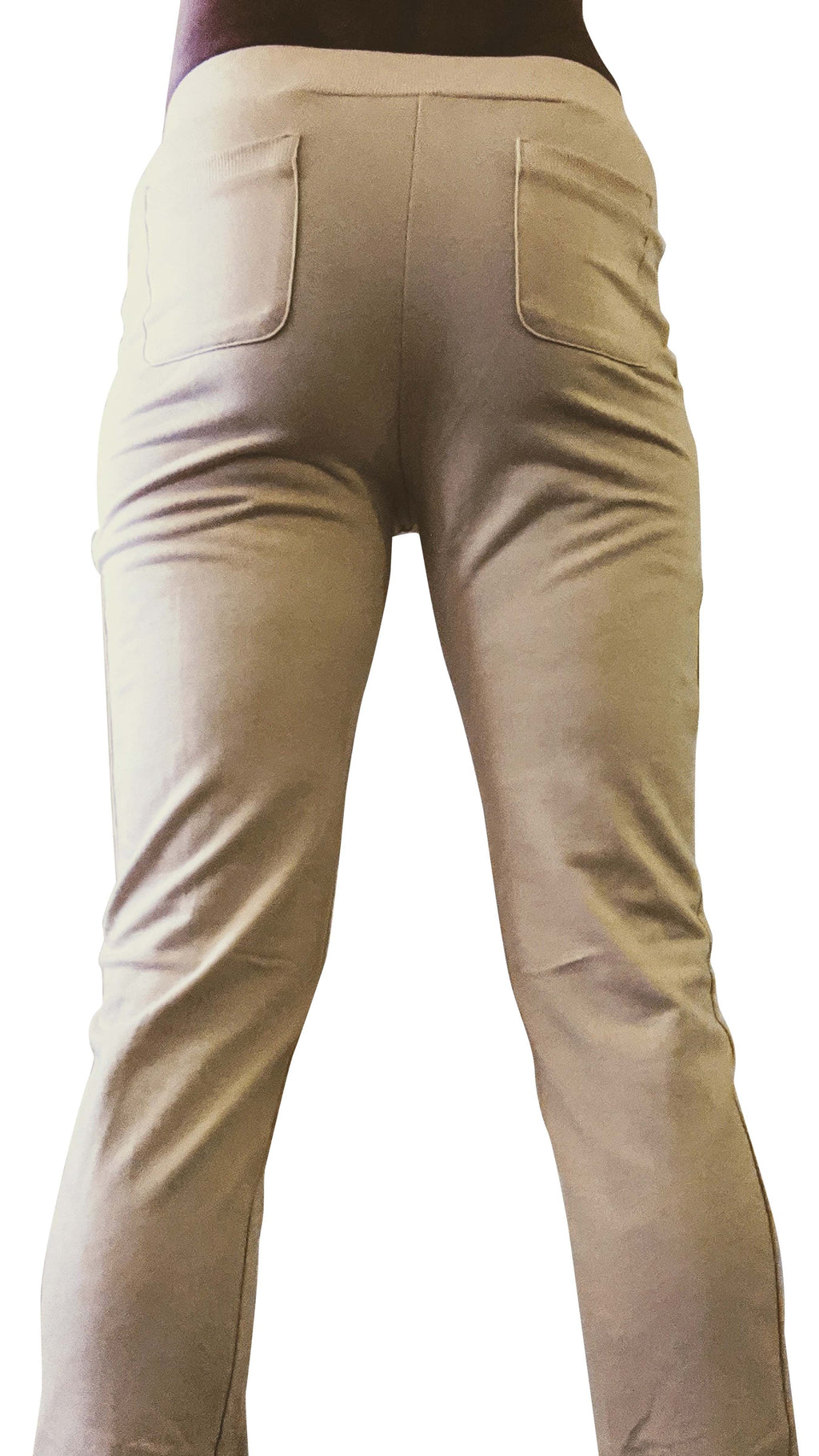 Beige tactical urban at home dress pant yoga pant back view with stretchy fabric two back pockets and elastic waistband
