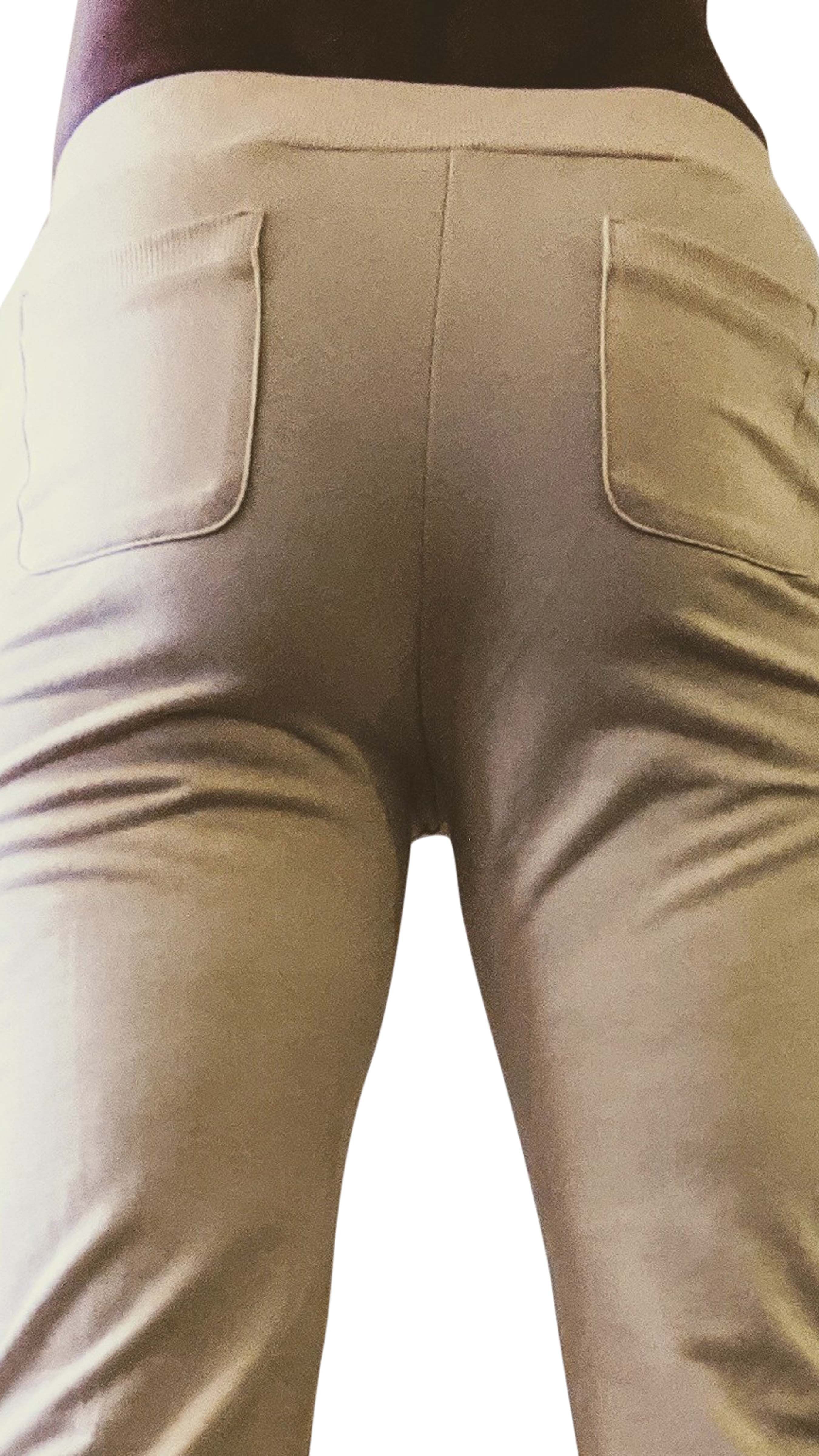 Beige tactical urban at home dress pant yoga pant back view showing stretchy fabric with two back pockets and fitted waistband