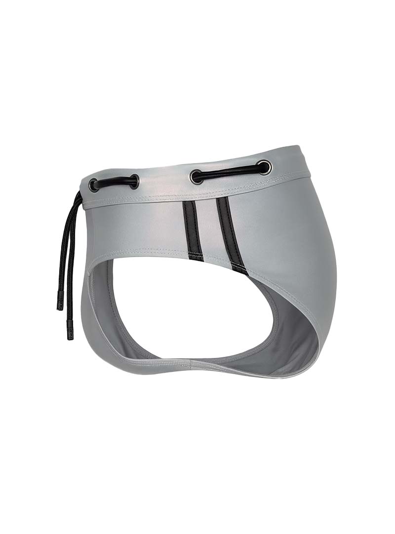 Gray tartarus side track metallic brief swim trunks with black side stripes and adjustable drawstrings front view