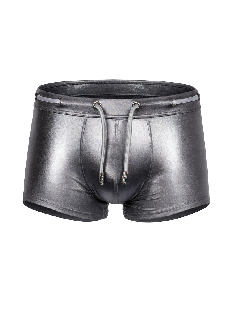 Tartarus side track metallic trunk shiny black faux leather swim trunks with drawstring waistband